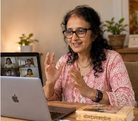 Aditi Dasi teaching children in a live online class